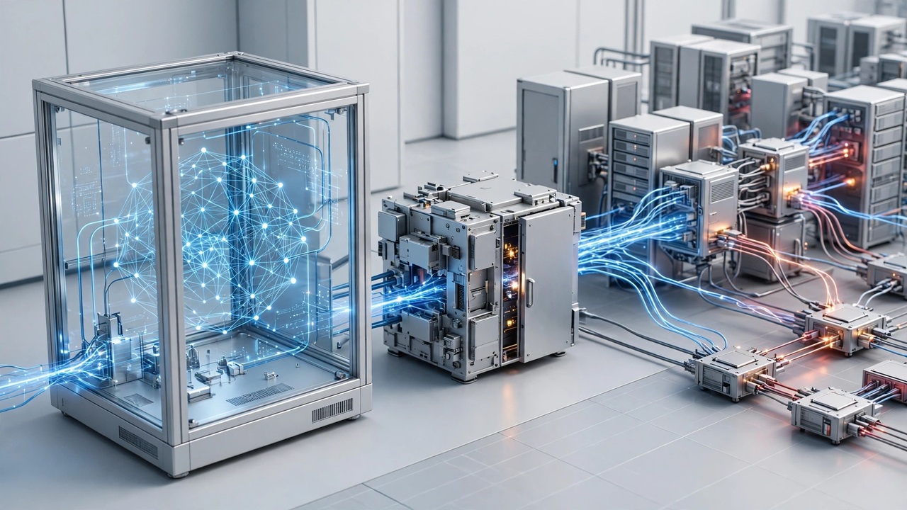 OpenAI_vs_Hugging_Face_02_2307 - lab-kuzniewski.pl - Testy laptopów, recenzje i porównania Glass-enclosed server unit connected to a rack of machines with blue glowing data cables in a high-tech data center.