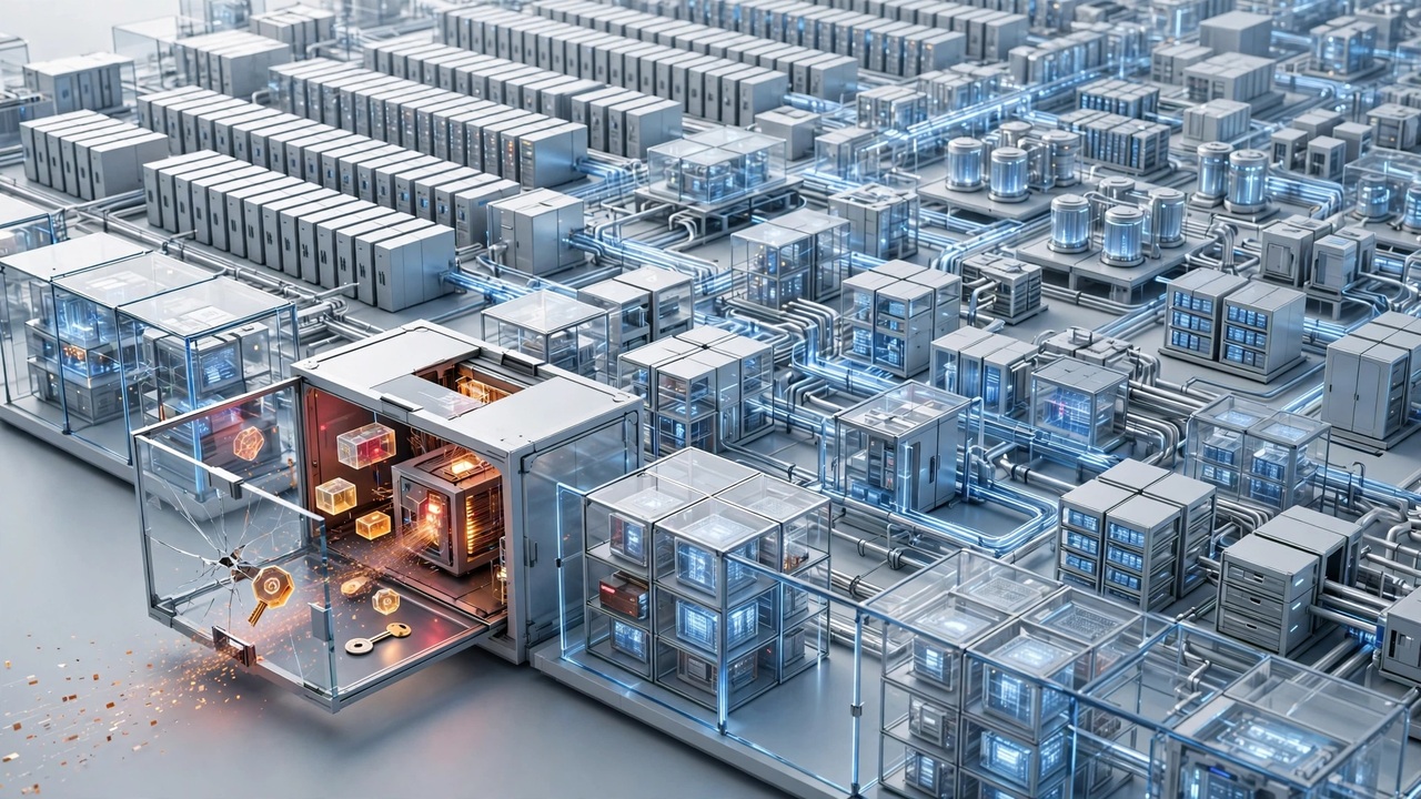 OpenAI_vs_Hugging_Face_03_2307 - lab-kuzniewski.pl - Testy laptopów, recenzje i porównania Dense data-center scene with rows of server racks and blue cables; a glass-fronted chamber in the foreground glows with molten metal and sparks.