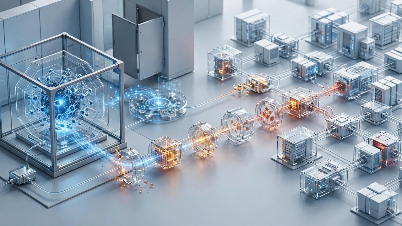 OpenAI_vs_Hugging_Face_04_2307 - lab-kuzniewski.pl - Testy laptopów, recenzje i porównania Futuristic data center with a glass cube housing a glowing blue network connected to rows of modular servers.