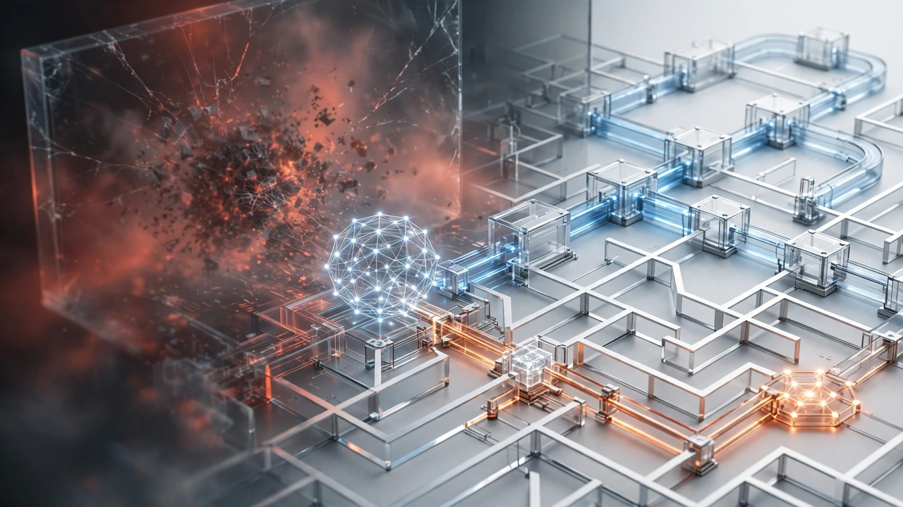 OpenAI_vs_Hugging_Face_05_2307 - lab-kuzniewski.pl - Testy laptopów, recenzje i porównania Futuristic circuit board with a glowing interconnected sphere, symbolizing AI or data networks; a shattered glass panel emits orange smoke in the background.