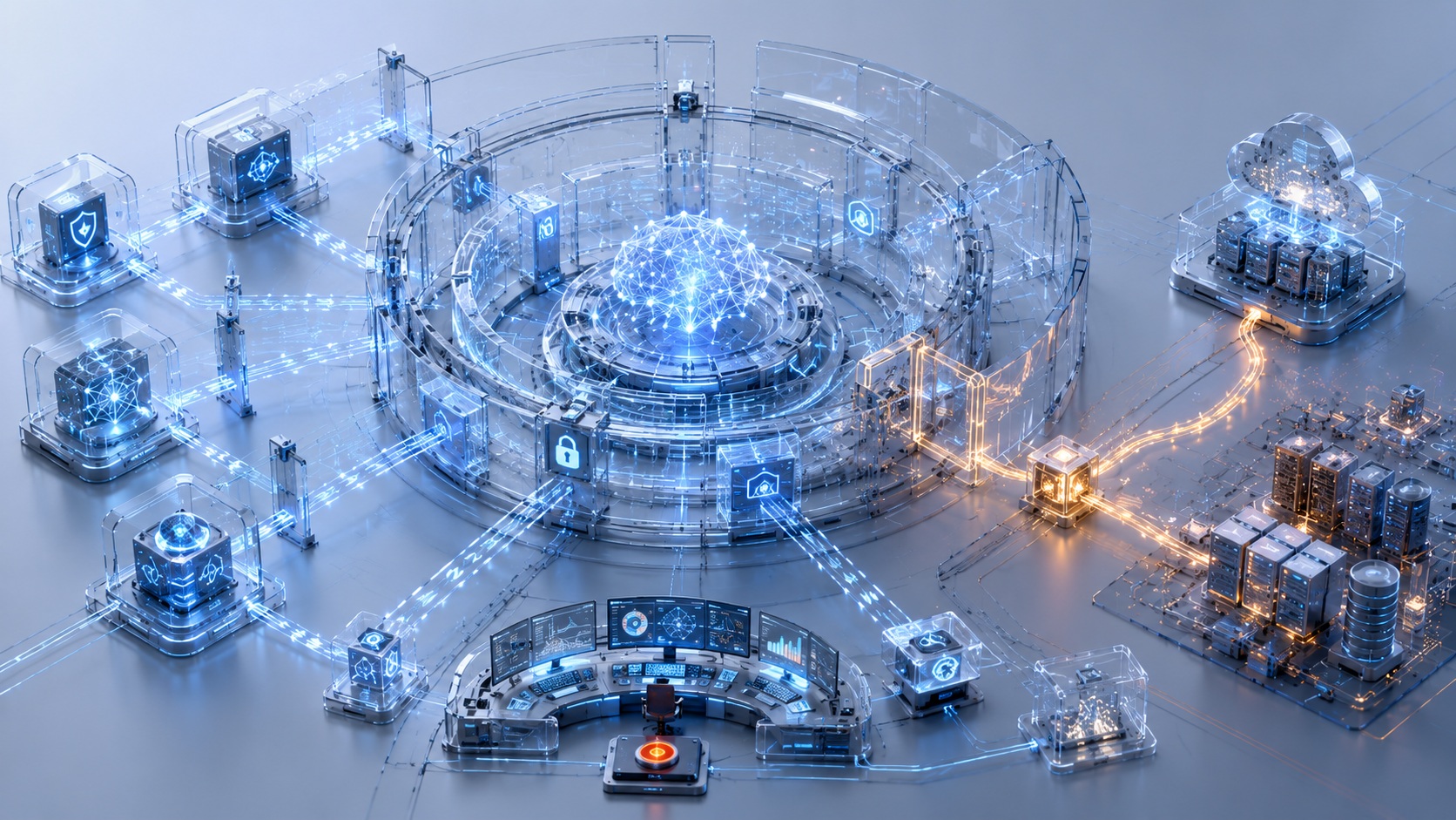 OpenAI_vs_Hugging_Face_10a_2307 - lab-kuzniewski.pl - Testy laptopów, recenzje i porównania Futuristic data center with circular rings and a glowing central network sphere connected to blue-lit nodes.