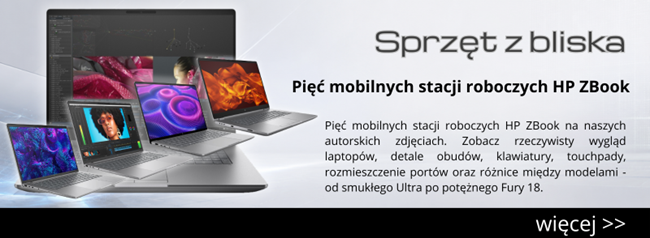 Baner reklamowy HP ZBook pokazujący pięć mobilnych stacji roboczych i różne laptopy na jasnym tle, z napisem 'Sprzęt z bliska'. Tecnicznie informacyjne.
