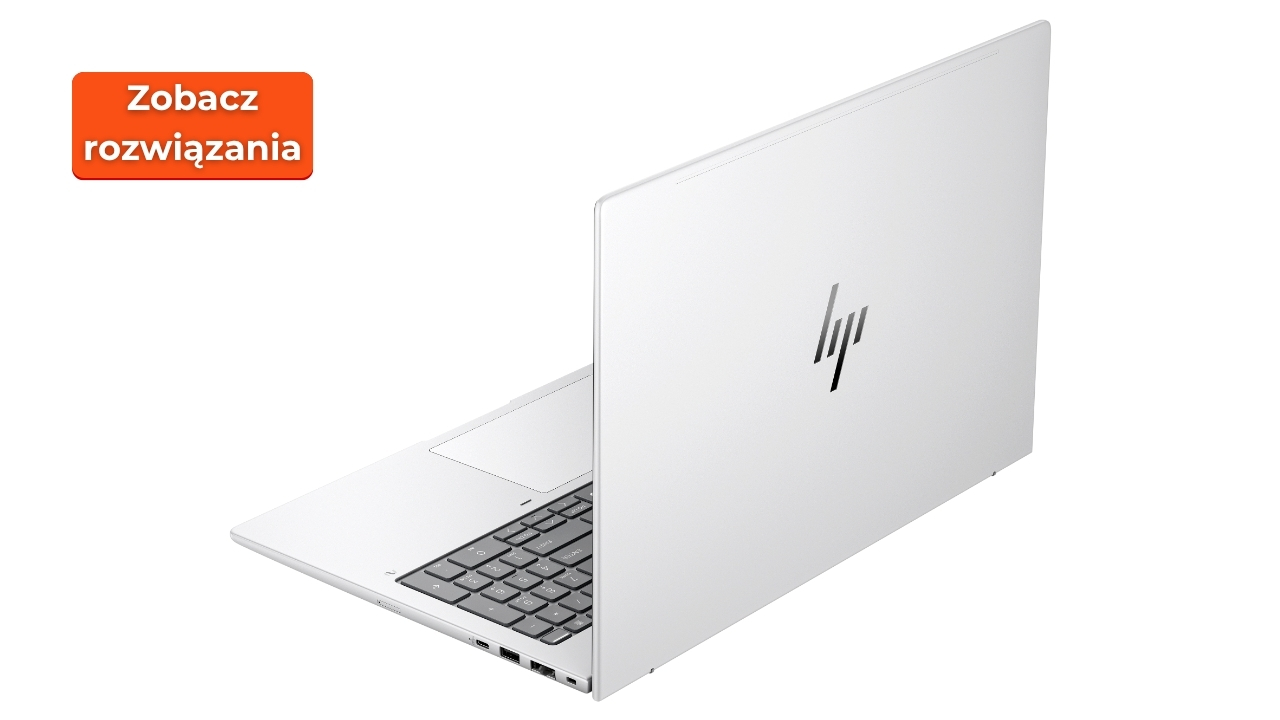 hp_elitebook_8_G1i_16_2207_02 - lab-kuzniewski.pl - Testy laptopów, recenzje i porównania White HP laptop shown from rear-right angle with silver logo, paired with an orange 'Zobacz rozwiązania' button in the top-left (promotional image).