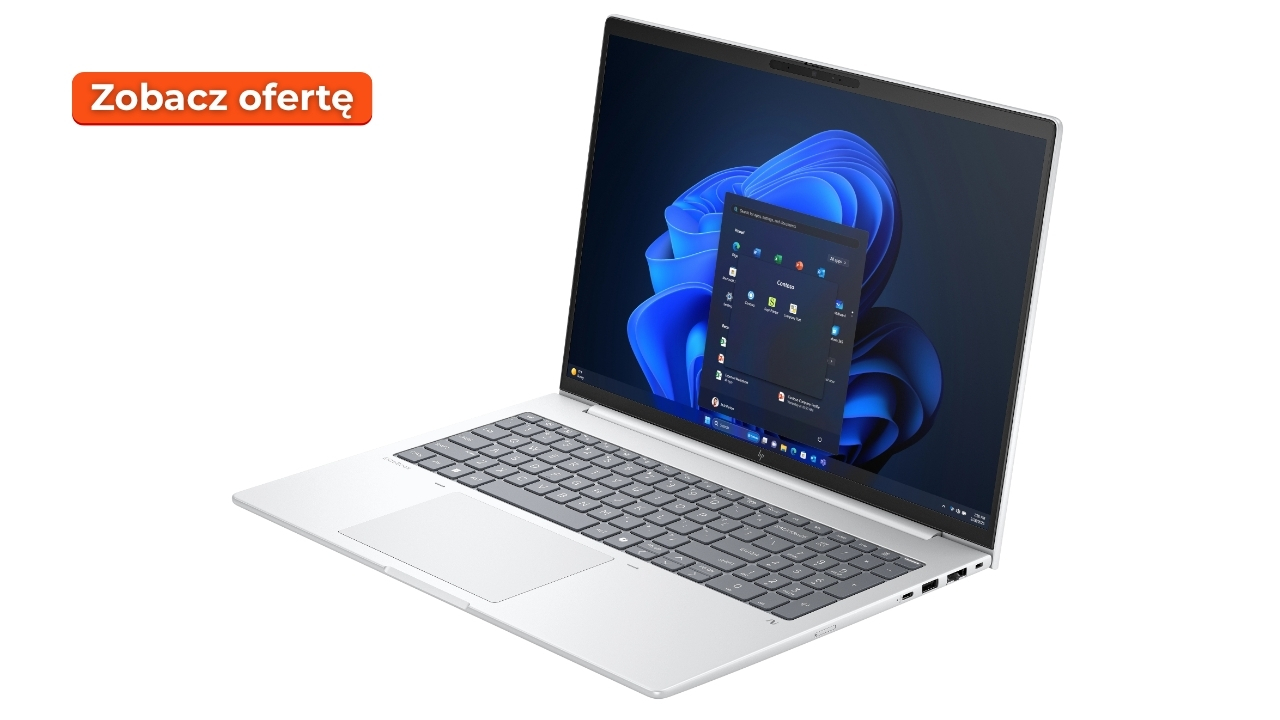 hp_elitebook_8_G1i_16_2207_03 - lab-kuzniewski.pl - Testy laptopów, recenzje i porównania Silver laptop open with Windows desktop shown, orange 'Zobacz ofertę' CTA in top-left corner