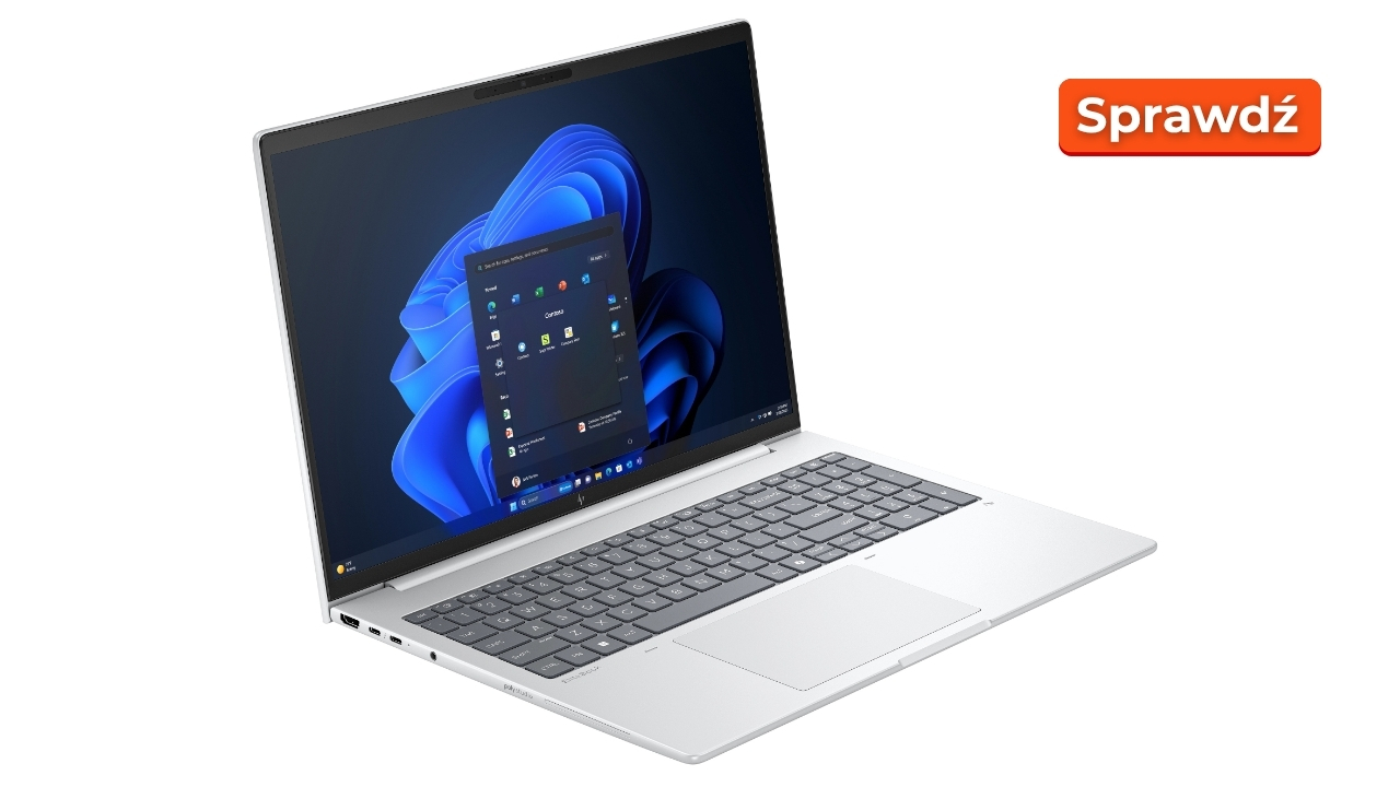 hp_elitebook_8_G1i_16_2207_04 - lab-kuzniewski.pl - Testy laptopów, recenzje i porównania Silver laptop open at an angle showing Windows 11 desktop; orange 'Sprawdź' button in the top-right corner.