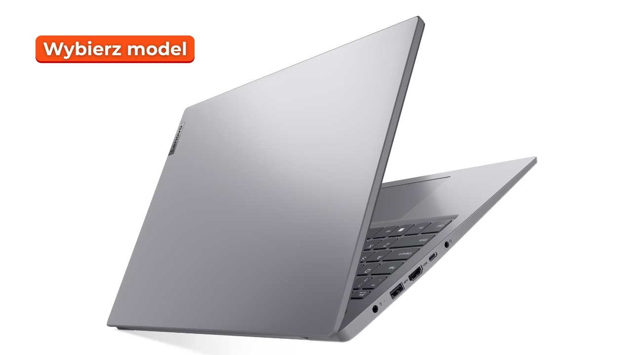 lenovo_V15_G6_2807_03 - lab-kuzniewski.pl - Testy laptopów, recenzje i porównania Silver laptop tilted open, showing side ports; orange 'Wybierz model' badge in the top-left corner.