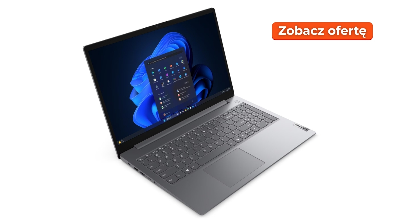 lenovo_V15_G6_2807_04 - lab-kuzniewski.pl - Testy laptopów, recenzje i porównania Gray laptop angled open showing Windows desktop; orange 'Zobacz ofertę' call-to-action in the top-right corner.