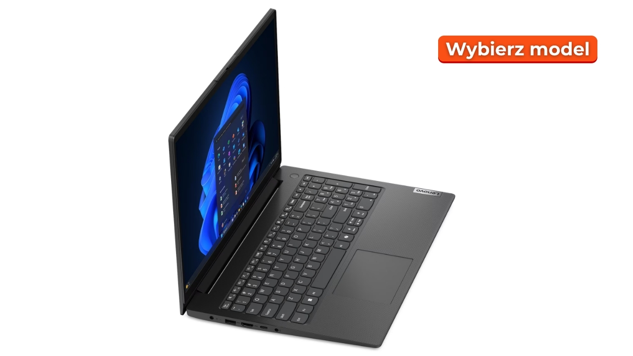 lenovo_V15_G6_2807_05a - lab-kuzniewski.pl - Testy laptopów, recenzje i porównania Lenovo laptop tilted on white background, open screen showing Windows desktop, with an orange 'Wybierz model' button in the top-right.