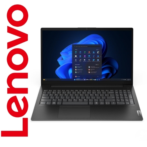 Lenovo laptop open, showing Windows desktop on screen, with a vertical red Lenovo logo along the left side.