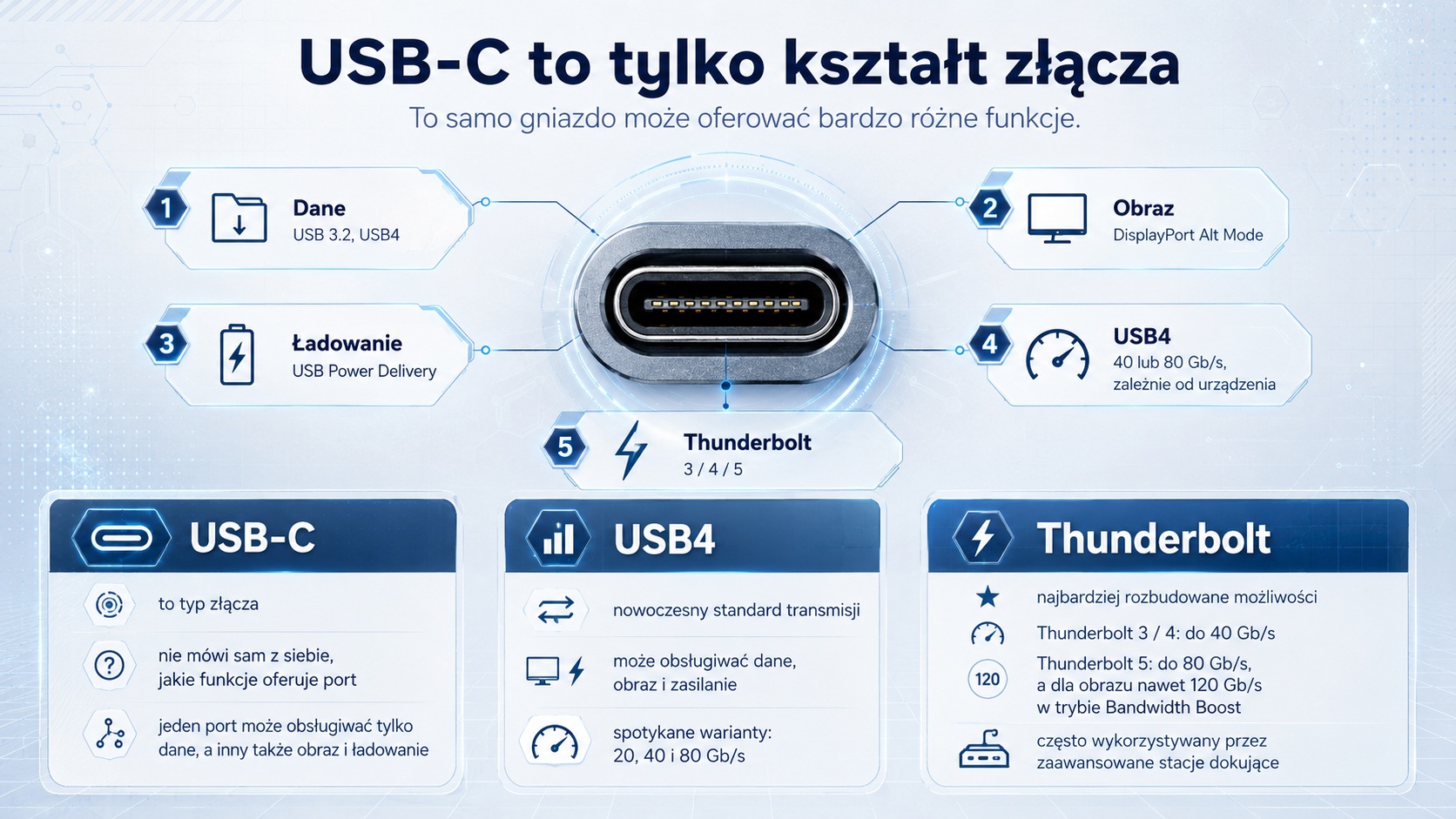03_USB_C_lab_1308_poradnik - lab-kuzniewski.pl - Testy laptopów, recenzje i porównania Infografika prezentująca USB-C jako złącze wielofunkcyjne: dane, obraz, ładowanie, USB4 i Thunderbolt.