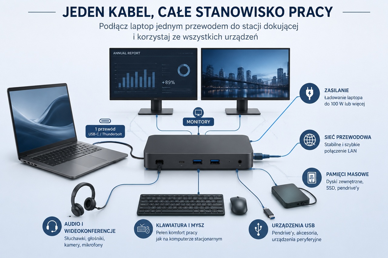 Jeden kabel i kompletne stanowisko pracy ze stacją dokującą