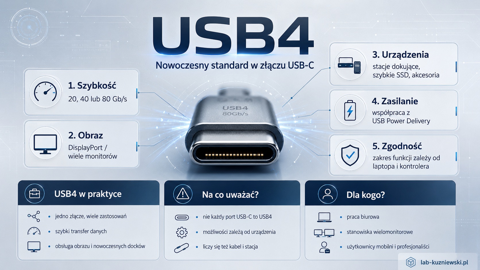 03a_USB4_lab_1308_poradnik - lab-kuzniewski.pl - Testy laptopów, recenzje i porównania Infografika o standardzie USB4 z dużym złączem USB-C i pięcioma kluczowymi cechami: szybkość, obraz, urządzenia, zasilanie, zgodność oraz praktyka użytkowania.