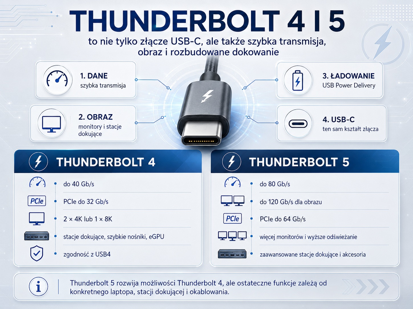 03b_Thunderbolt_4_5_lab_1308_poradnik - lab-kuzniewski.pl - Testy laptopów, recenzje i porównania Infographic comparing Thunderbolt 4 and 5: central USB‑C connector, four feature boxes (data, display, charging, USB‑C), and panels with speeds and PCIe specs.