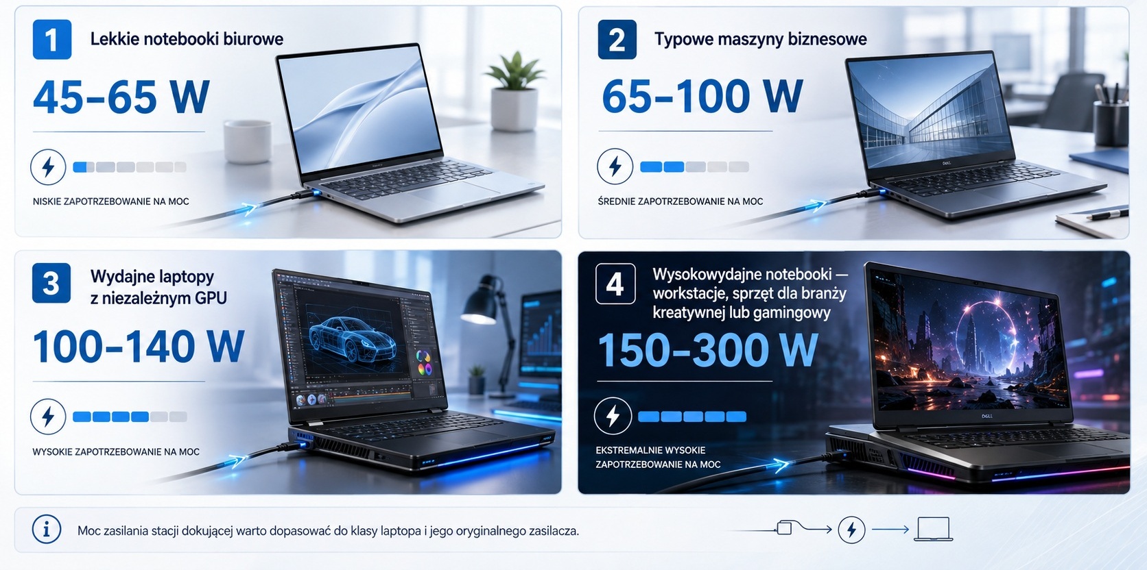 06x_zasilanie_laptopa_lab_1308_poradnik - lab-kuzniewski.pl - Testy laptopów, recenzje i porównania Infografika czterech laptopów z zakresami mocy zasilania: 45–65 W, 65–100 W, 100–140 W, 150–300 W (podział na sekcje 1–4).