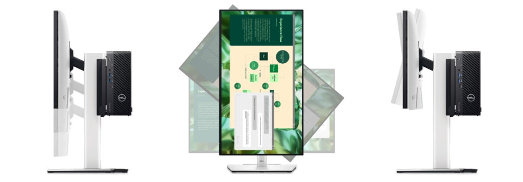Dell Pro Max Micro All-in-One Stand CFS25_3008_0002 - lab-kuzniewski.pl - Testy laptopów, recenzje i porównania Product collage: center tall monitor displaying a green infographic with layered screens; side profiles show a white monitor with a black Dell PC mounted to its back.