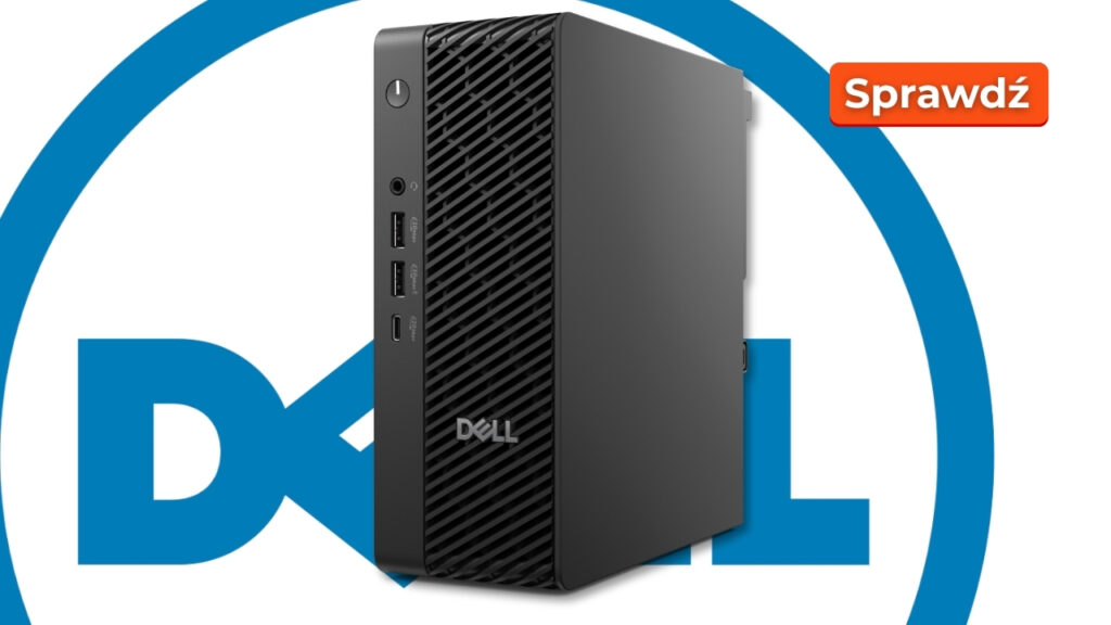 Dell Pro Max Micro FCM2250_3008_0001 - lab-kuzniewski.pl - Testy laptopów, recenzje i porównania Dell small form factor desktop tower front view over a large blue Dell logo with an orange 'Sprawdź' badge.