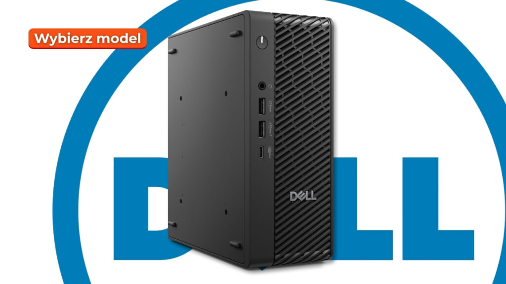 Dell Pro Max Micro FCM2250_3008_0002 - lab-kuzniewski.pl - Testy laptopów, recenzje i porównania Dell desktop tower with front USB ports and vented panel, partially overlaid by a blue Dell logo and a Polish 'Wybierz model' badge (Choose model)