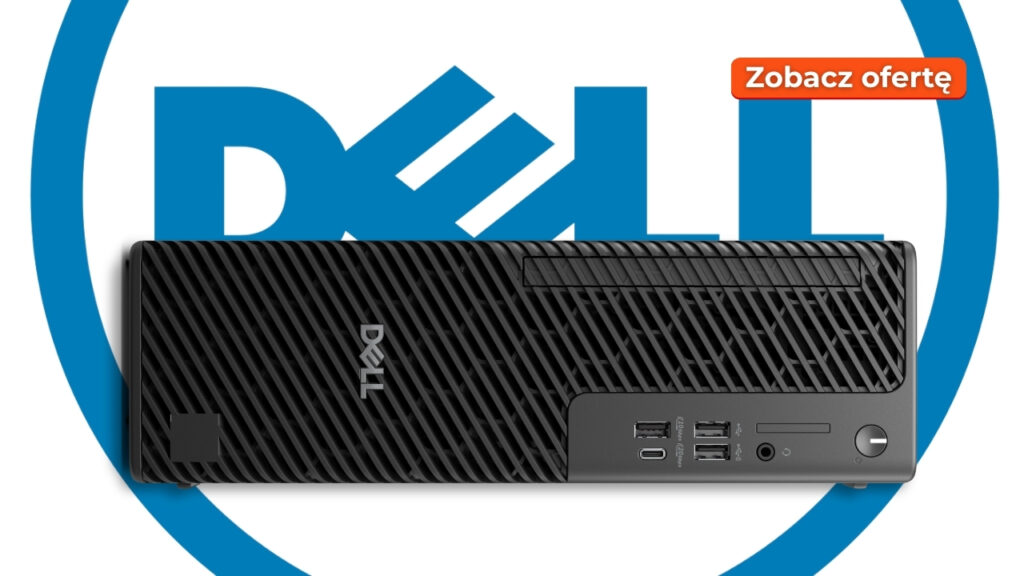 Dell Pro Max Slim FCS1250_3008_001 - lab-kuzniewski.pl - Testy laptopów, recenzje i porównania Compact Dell desktop with front ports, shown on a promotional banner featuring a blue Dell circle and an orange 'Zobacz ofertę' badge.