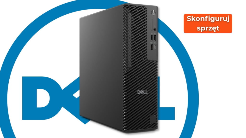 Dell Pro Max Slim FCS1250_3008_002 - lab-kuzniewski.pl - Testy laptopów, recenzje i porównania Dell desktop tower positioned in front of a large blue Dell logo with a 'Skonfiguruj sprzęt' button in the corner (Polish: Configure hardware).