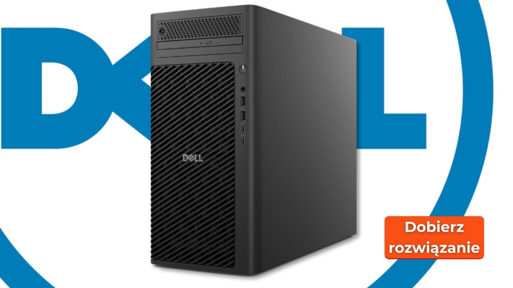 Dell Pro Max Tower FCT2250_3008_0001 - lab-kuzniewski.pl - Testy laptopów, recenzje i porównania Dell power-edge tower server front view on a white background with a large blue Dell logo and an orange 'Dobierz rozwiązanie' badge