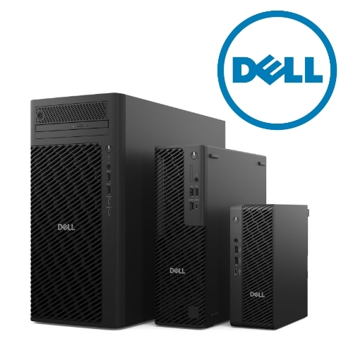 Three Dell desktop towers in a row (large, medium, small) with a blue Dell logo in the upper-right corner on a white background.