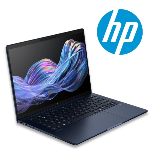 Open HP laptop on a white background with a blue HP logo in the corner; dark blue chassis and colorful screen artwork visible.