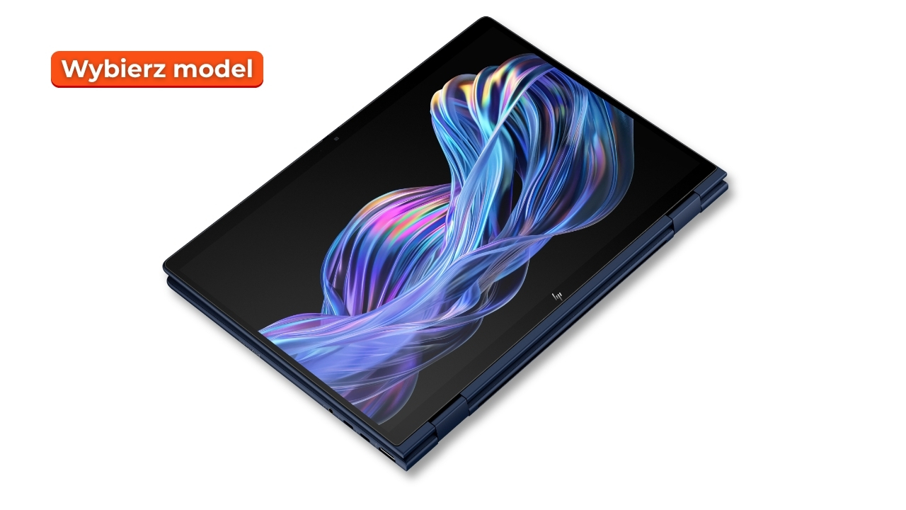 Blue foldable laptop opened at an angle with a colorful swirling wallpaper on the screen; orange 'Wybierz model' badge in the top-left corner.