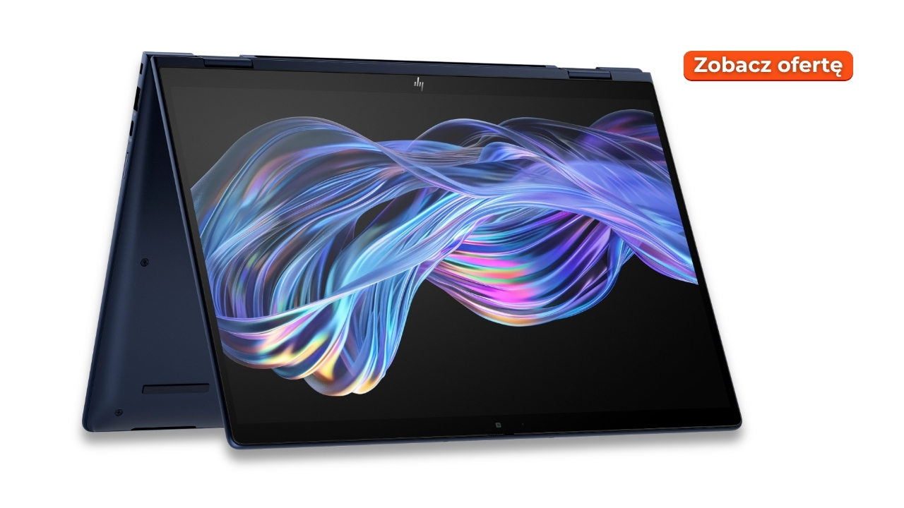 Slim convertible laptop in tent/stand mode with colorful abstract display; orange 'Zobacz ofertę' badge nearby (promo image)