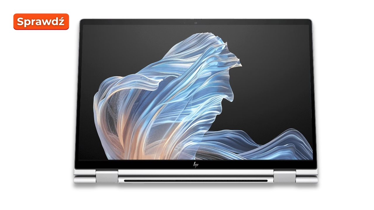 Laptop with a dark screen showing blue abstract wallpaper; orange 'Sprawdź' badge in the top-left corner.