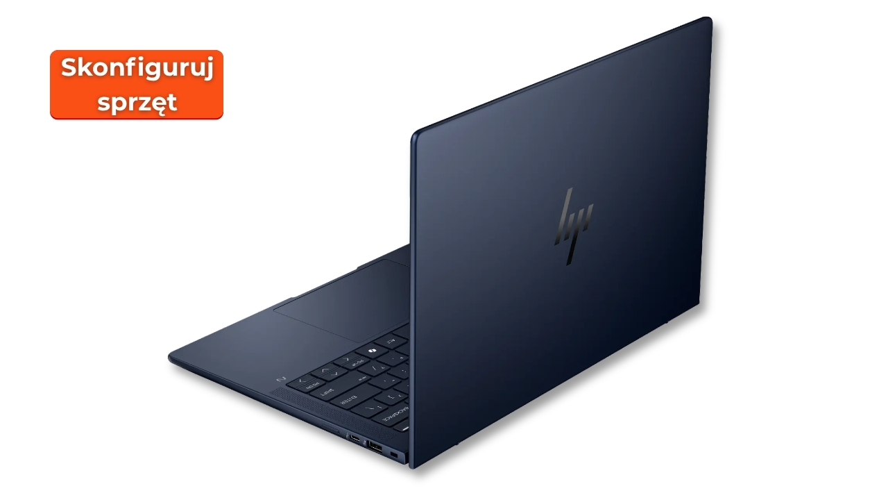 Dark blue HP laptop, open and angled to the left, with keyboard visible and HP logo on the lid.
