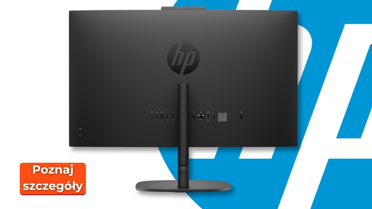 Rear view of a black HP computer monitor on a stand, showing ports along the bottom edge, with a blue graphic background and an orange 'Poznaj szczegóły' label in the corner.