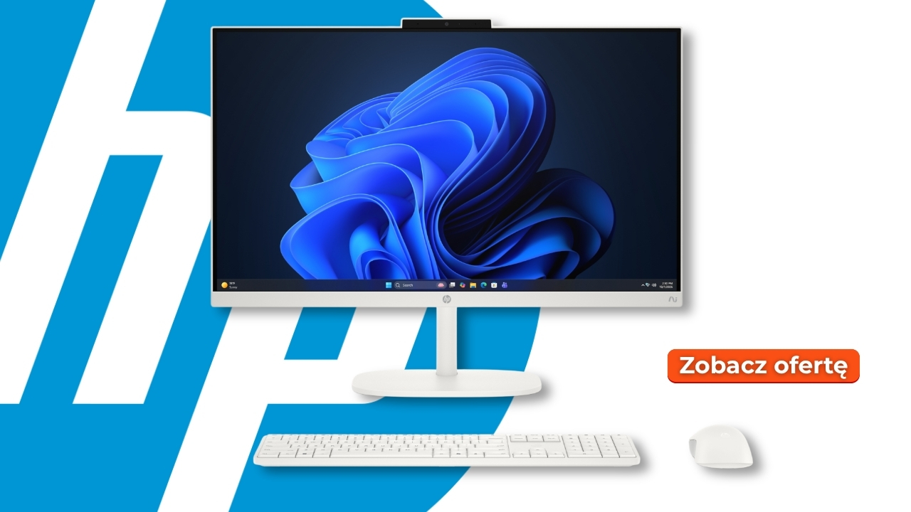HP desktop monitor with white keyboard and mouse on white/blue background; orange 'Zobacz ofertę' button on right as a promo banner