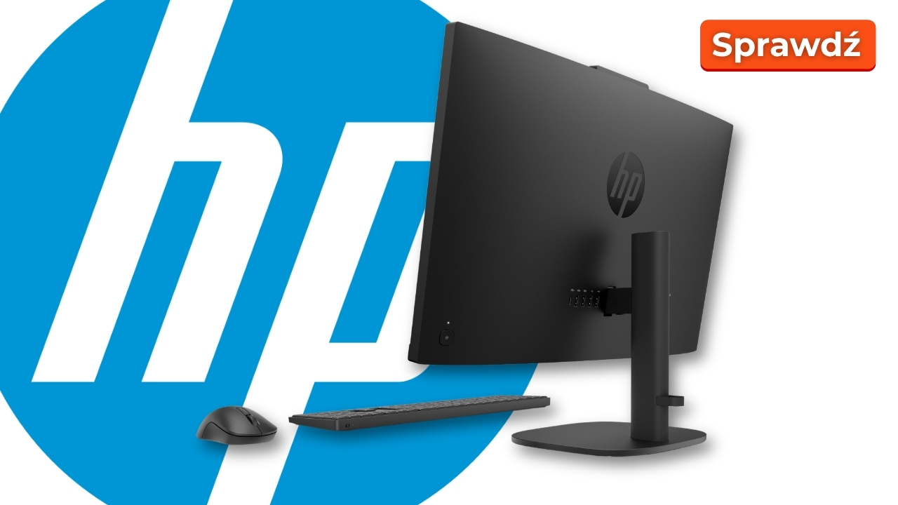 HP monitor with keyboard and mouse in front of a large blue HP logo and a 'Sprawdź' badge in the corner.