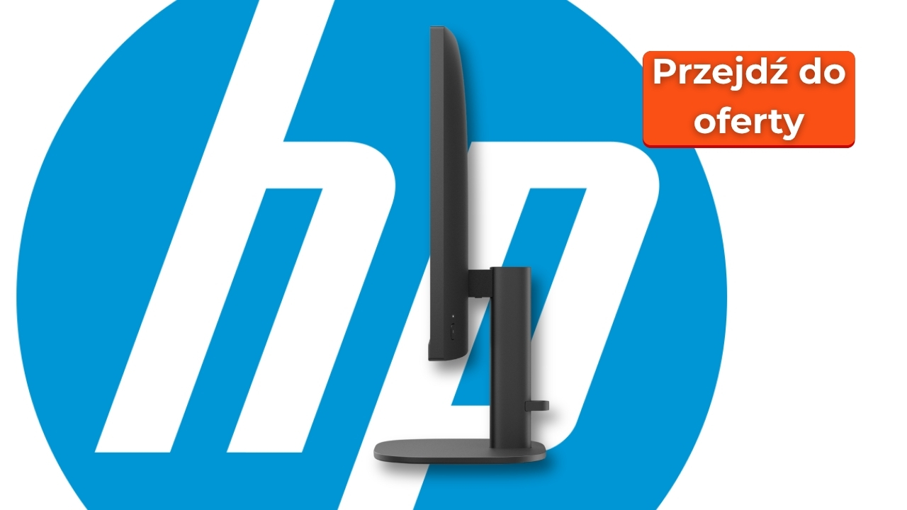 HP monitor foreground with a large blue HP logo in the background and an orange 'Przejdź do oferty' button (Go to offer).