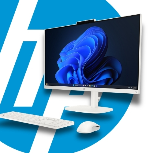 White all-in-one desktop computer with a wireless keyboard and mouse on a stand, set against a blue abstract background.