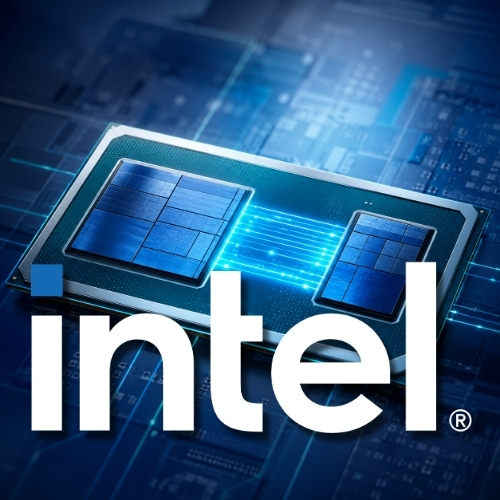 Intel logo over a blue circuit-board background.