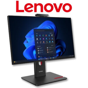 Lenovo monitor on a stand with a built-in webcam, displaying Windows 11 desktop.