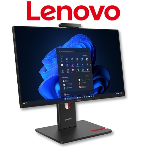 Lenovo monitor on a stand with a built-in webcam, displaying Windows 11 desktop.