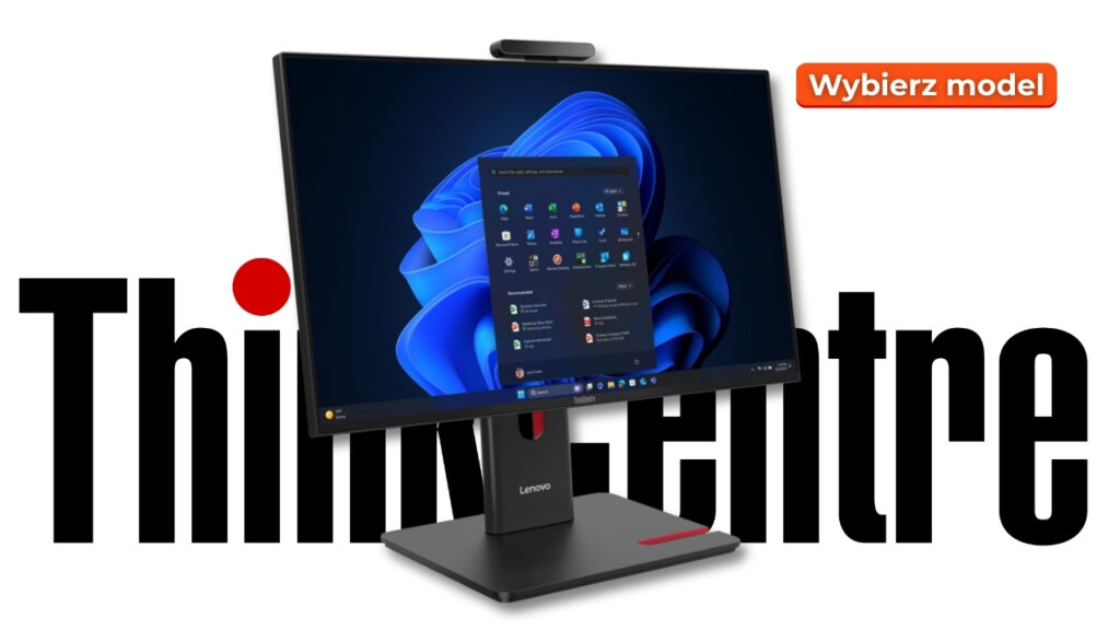 Lenovo ThinkCentre monitor on a stand displaying Windows desktop with a bold Think branding backdrop and an orange 'Wybierz model' badge.