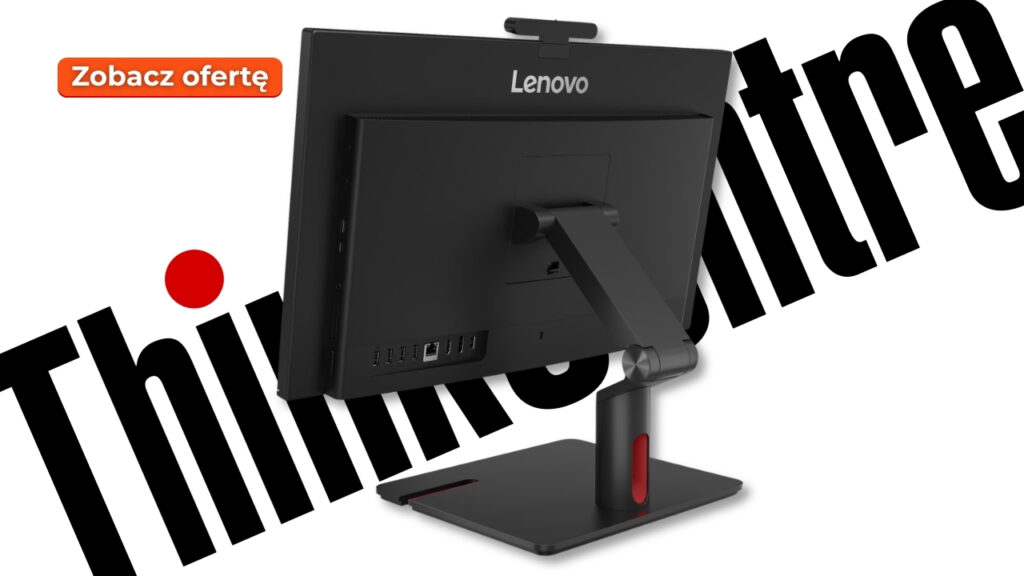 Lenovo monitor on a movable stand with bold 'Think' branding in the background and an orange 'Zobacz ofertę' button (Polish).