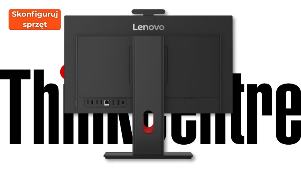 Rear view of a Lenovo monitor on a stand, with a large YouTube logo in the background and an orange 'Skonfiguruj sprzęt' badge on the top-left.