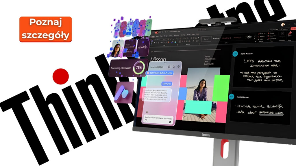 Promotional collage featuring the word Think with a red dot, a Polish 'Poznaj szczegóły' badge, and a tilted computer monitor displaying slides and notes for a tech presentation