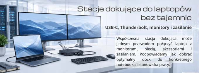 Desk setup with a laptop and three monitors connected via a USB-C docking station; Polish text discusses laptop docking stations (USB-C/Thunderbolt). Typical product banner.