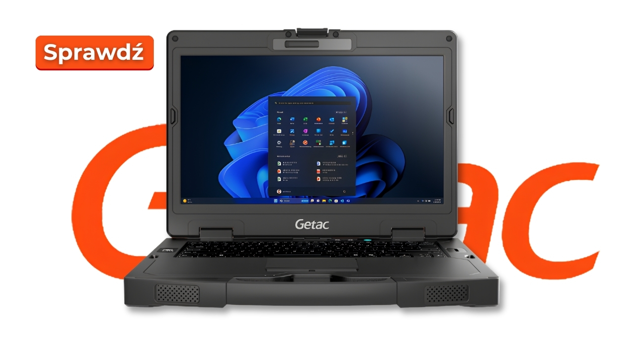 getac_s410_g5_2608_01_laptop - lab-kuzniewski.pl - Testy laptopów, recenzje i porównania Rugged Getac laptop open to Windows desktop, with an orange 'Sprawdź' badge on the left.