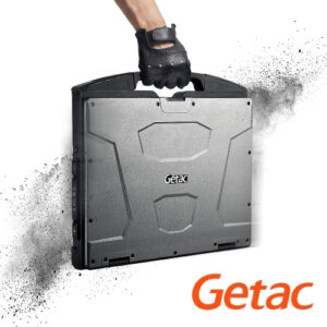 Gloved hand grips the handle of a rugged Getac tablet, with dust spray behind it.