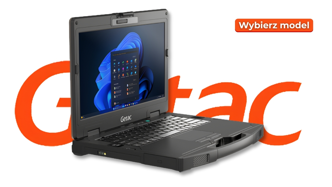 getac_s410_g5_2608_02_laptop - lab-kuzniewski.pl - Testy laptopów, recenzje i porównania Rugged Getac laptop open, Windows desktop on screen, with large orange Getac logo in the background and a Polish 'Wybierz model' button nearby.