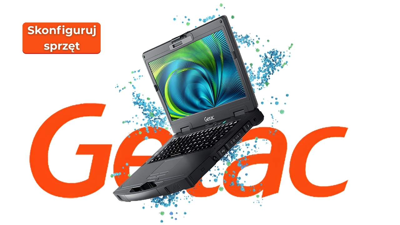 getac_s410_g5_2608_03_laptop - lab-kuzniewski.pl - Testy laptopów, recenzje i porównania Promotional image with a Getac rugged laptop tilted over a large orange wordmark and blue splash accents, plus a Polish 'Skonfiguruj sprzęt' button on the left edge.