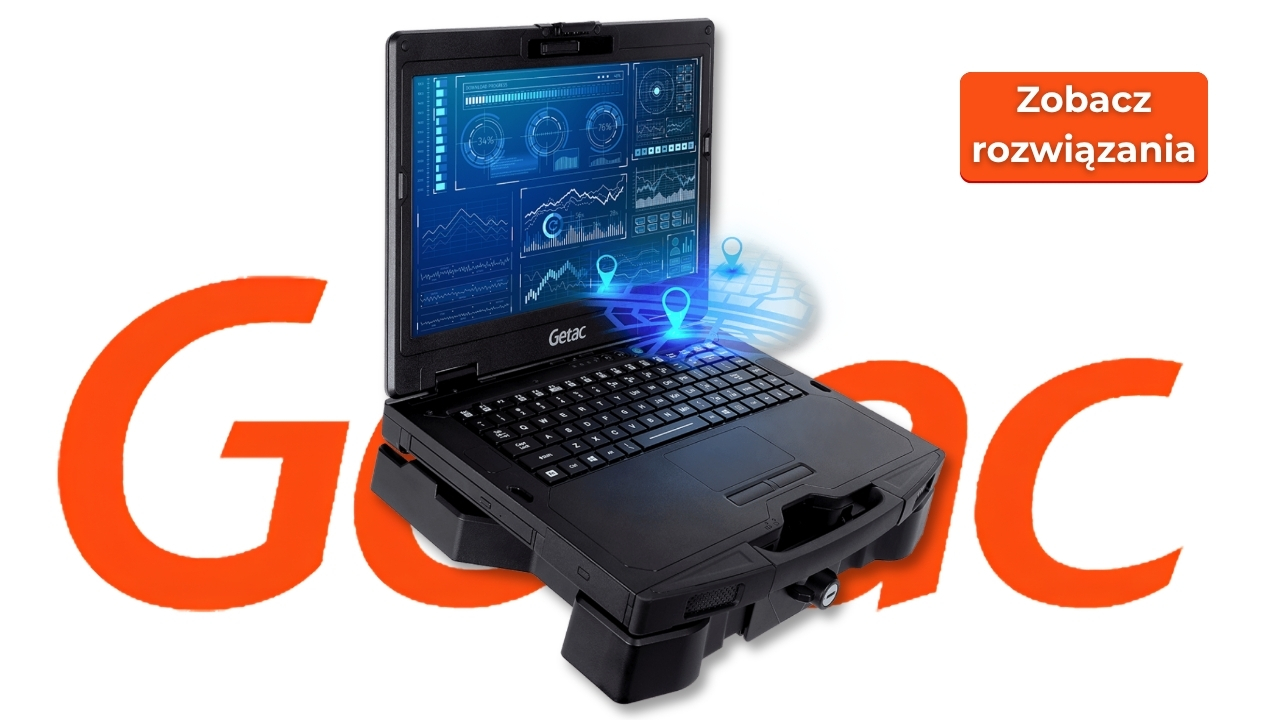 getac_s410_g5_2608_05_laptop - lab-kuzniewski.pl - Testy laptopów, recenzje i porównania Rugged Getac laptop with blue data dashboards, large orange text behind, and a 'Zobacz rozwiązania' button