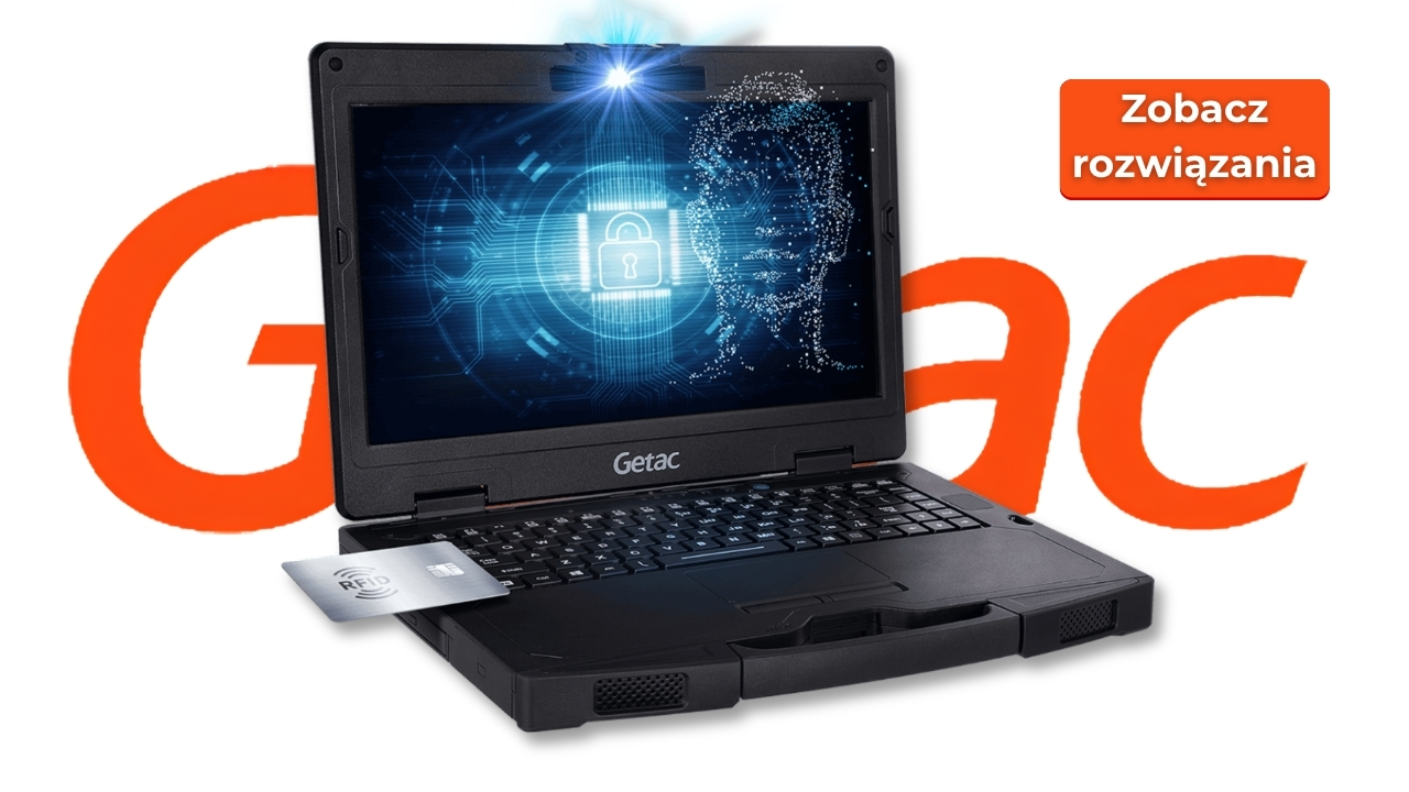 getac_s410_g5_2608_06_laptop - lab-kuzniewski.pl - Testy laptopów, recenzje i porównania Rugged Getac laptop with RFID card reader and a blue security graphic on screen; orange 'Zobacz rozwiązania' CTA in the background