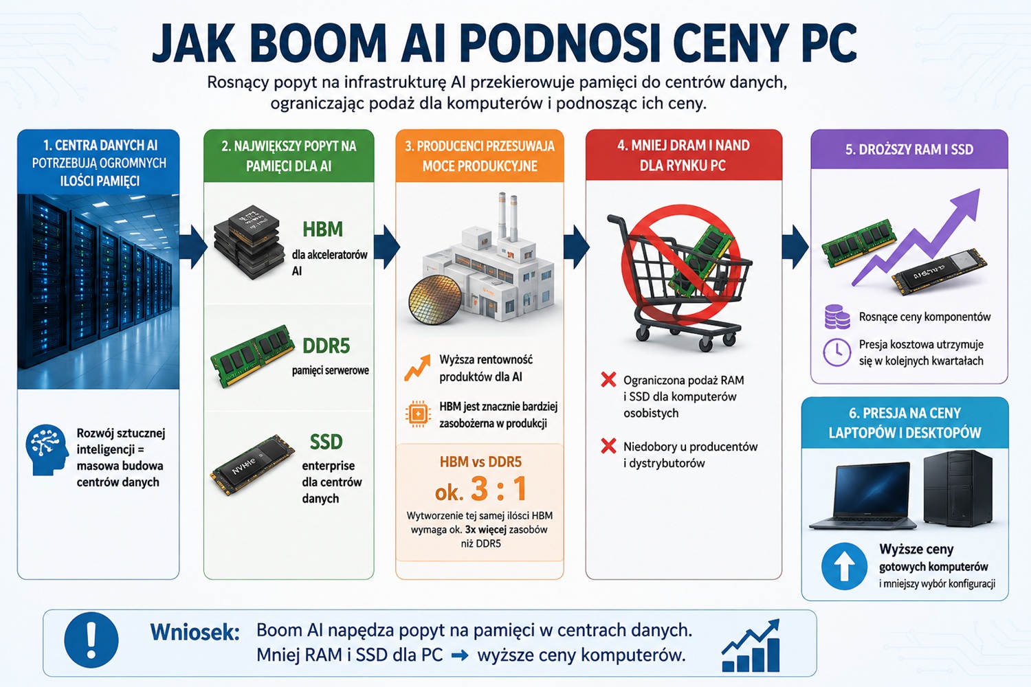 komputery_ceny_03_rynekAI_2508 - lab-kuzniewski.pl - Testy laptopów, recenzje i porównania Infografika po polsku o tym, jak boom AI zwiększa zapotrzebowanie na pamięć w centrach danych i na rynku PC.